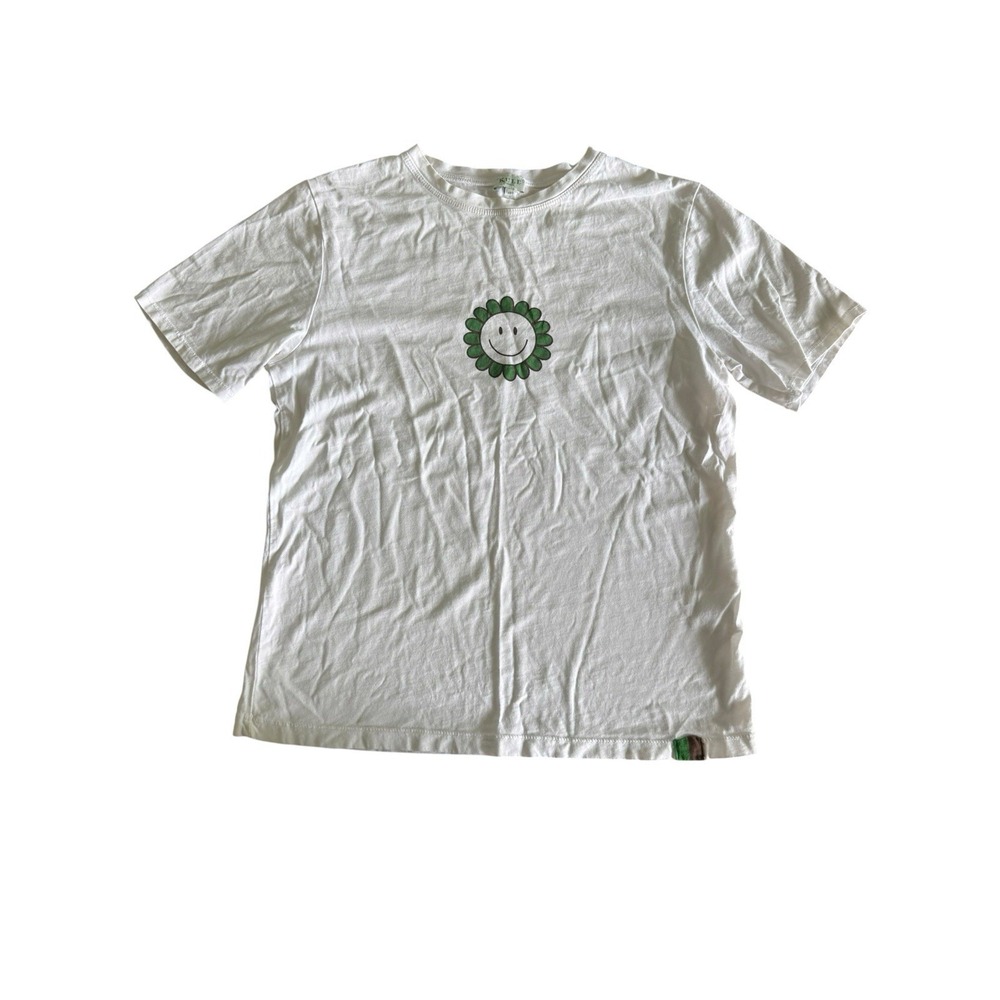 Kule Shirt Flower Smiley Face Womens XS White Green Short Sleeve Top T-shirt Tee